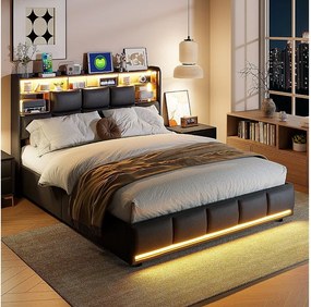 Łóżko z pojemnikiem hydraulicznym LED 140x200 cm czarne z ekoskóry PU z portami USB i stelażem z listew