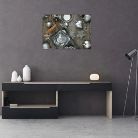 Obraz - srebrne ozdoby świąteczne (70x50 cm)