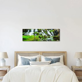 Obraz - wodospady z zielenią (z zegarem) (90x30 cm)