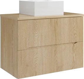 Szafka łazienkowa wisząca prążkowana z kwadratową umywalką nablatową – Jasny naturalny – 80 cm – ORISO