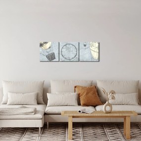 Obraz - Balony nad miastem, zimne odcienie (z zegarem) (90x30 cm)