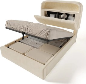 Łóżko z pojemnikiem 90 x 200 cm - łóżko pojedyncze z oświetleniem LED i miejscem do przechowywania - beżowy aksamit - materac w zestawie