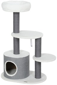 PawHut Drapak z 1 budką dla kota, 1 legowiskiem, 2 platformami, słupki owinięte jutowym sznurkiem, Biały + Szary