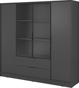 Szafa otwierana 200 cm Kalma 4DRM - szafa z ryflowaną szybą, szuflady, 4 drzwi, grafit