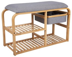 Bambusowy regał na buty z szarym siedziskiem Leitmotiv Bench, szer. 70 cm