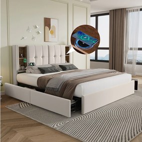 Łóżko dla dorosłych 160x200 cm z ładowaniem bezprzewodowym i portami USB, 4 szuflady - beżowy aksamit (bez materaca)