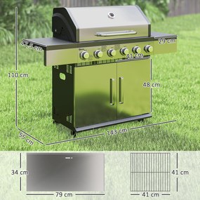 Outsunny Grill Gazowy 8500BTU z Wózkiem, 6 Palników ze Stali Nierdzewnej, Termometr, Regulator Ciśnienia 141 x 55 x 110 cm Srebrny