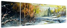 Obraz zimowej rzeki, obraz olejny (170x50 cm)