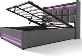 Łóżko z lnu 160x200cm z LED i portami USB - stelaż na listwach - szare
