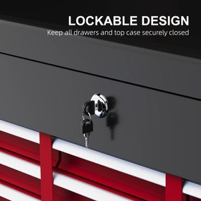 HOMCOM Skrzynka na Narzędzia, Zamykana, 3 Szuflady, Obudowa Stalowa, 60x26x34cm, Czerwony+Czarny