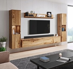 Nowoczesna meblościanka 4-elementowa do salonu z LED, mat, 2 słupki, szafka RTV 180 cm i półka, dąb wotan