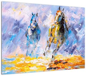 Obraz na szkle biegnących koni, obraz olejny (70x50 cm)