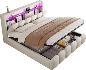 Łóżko z pojemnikiem tapicerowane 180x200 - Podwójne - z USB + Type-C - z oświetleniem LED - Aksamit - Beżowy (materac nie jest w zestawie)