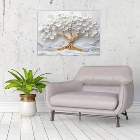 Obraz na szkle – Eleganckie drzewo życia 3D pełne kwiatów (70x50 cm)