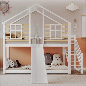 Łóżka piętrowe Cabane 90 x 200 cm, ze schodami, siatkami i zjeżdżalnią, sosną + MDF, białym