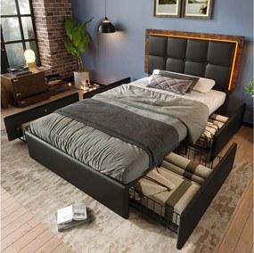 Łóżko młodzieżowe 90x200 cm, czarne PU, z regulowanym zagłówkiem i 4 szufladami, oświetlenie LED, bez materaca