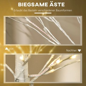 HOMCOM Sztuczne Drzewo, Brzoza z Oświetleniem LED, Ciepły Biały, Realistyczna Biała Kora, 22 x 22 x 180 cm