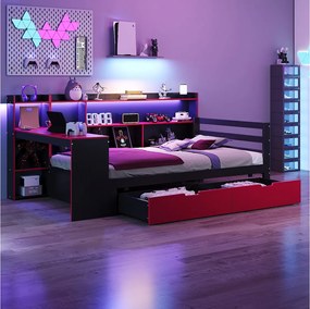 Drewniana sofa dziecięca z funkcją spania - 90 x 200 cm - z biurkiem + regałem + półkami + diodami LED + gniazdkami - czarna + czerwona
