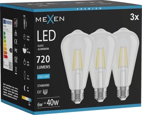 Mexen Vintis 3x żarówka filament LED E27, ST64, 6W, Zimna - 6500K, 720 lm, clear - L152-E27-0665-00x03