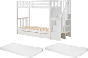 Łóżko piętrowe 90 x 190 cm z szufladami - Sosna i MDF - Białe + Materac - ZILENI