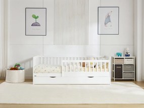 Łóżko 90 x 190 cm z szufladami - Drewno sosnowe i MDF - Biały + Materac - PROVIATI