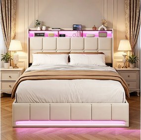 Łóżko podwójne 140x190 cm z lnu beżowe z przechowywaniem, oświetleniem LED RGB i portem USB, styl nowoczesny