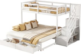 Łóżko piętrowe drewniane - 90x200cm + 90/180x200cm - 2 szuflady i półki - 2 stelaże - Białe