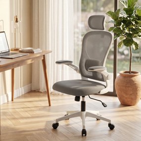 HOMCOM Fotel biurowy Ergonomiczny fotel biurkowy ze składanymi podłokietnikami, regulowanym podparciem lędźwiowym Szary | Aosom PL