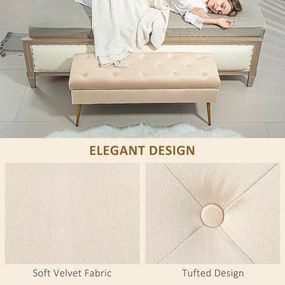 HOMCOM Ławka z miejscem do przechowywania w wyglądzie aksamitu, pikowany podnóżek z tapicerowaną ławką, rama metalowa, 102 x 35 x 43 cm, Beżowy