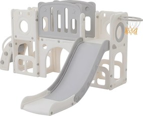 Zjeżdżalnia dla dzieci 6 w 1 - składająca się z zjeżdżalni, kosza do koszykówki, schodów, tunelu i dwóch schowków - Polietylen - Jasnoszary