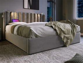 Łóżko ze schowkiem i zagłówkiem - 140 x 200 cm - lampka do czytania i port USB - tkanina lniana - kolor szary