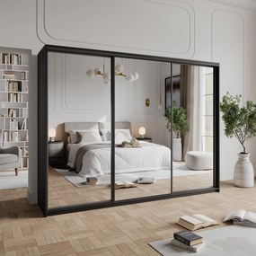 Szafa Przesuwna RIEN 270 cm z Lustrem Szafa Trzydrzwiowa z Szufladami Czarna / Czarne Profile