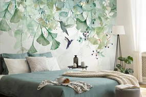Tapeta zielone liście z kolibrami
