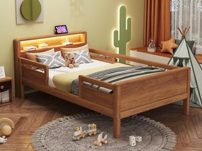 Łóżko z litego drewna 90×200 cm - z USB + Type-C - z nocną lampką LED - naturalne (bez materaca)