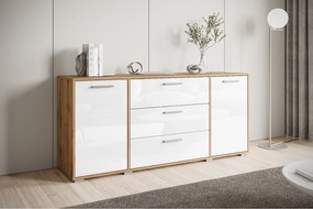 Nowoczesna komoda 150 cm do salonu – 3 szuflady i 2 szafki, korpus wotan mat, fronty białe połysk