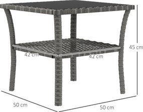 Outsunny Rattanowy stolik ogrodowy, 50 x 50 x 45 cm, odporność na warunki atmosferyczne, kwadratowy stolik z półką i szklaną płytą | Aosom PL