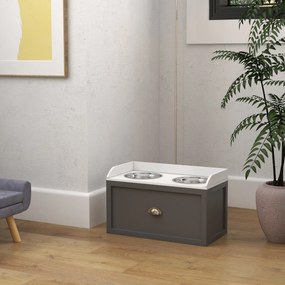 PawHut Stacja karmienia Podwyższone Miseczki 1 Przechowywanie 2 Miseczki ze stali nierdzewnej, 60 x 30 x 42 cm, Biały