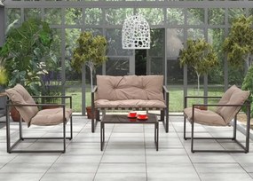 Zestaw mebli ogrodowych Alice – sofa, fotele i ława w eleganckim kolorze cappuccino z tapicerowanymi siedziskami
