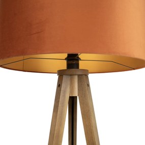 Drewniana lampa podłogowa z pomarańczowym kloszem i złotym wnętrzem 50 cm - Tripod Classic