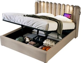 Łóżko ze schowkiem 140x200 cm - Len naturalny - Łóżko młodzieżowe z lampką do czytania i funkcją ładowania - bez materaca