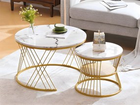 Zestaw 2 stolików nocnych - okleina w marmurowy wzór - złota konstrukcja - Biały