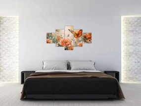 Obraz - Motyl i kwiaty, obraz olejny (125x70 cm)