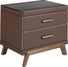 Stolik nocny ze sztucznej skóry, orzech z czarnym szklanym blatem 7162 ANGEL CERDA