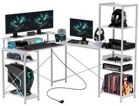 HOMCOM L-kształtne biurko narożne z zintegrowanym gniazdkiem, stojakiem na monitor i półką na przechowywanie, biały