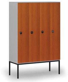 Drewniana szafa ubraniowa z podstawą, 4-drzwiowa, 1871 x 1200 x 500 mm, zamek RFID, szary/czereśnia