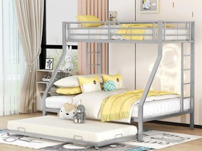 Łóżko piętrowe 4-osobowe wysuwane - 140 x 200 cm + 2 x 90 x 200 cm - metalowe - stelaż listwowy - szare