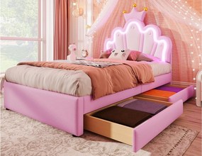 Łóżko dziecięce tapicerowane 90x200 cm - z LED i 2 szufladami - Różowe