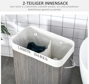 HOMCOM 100L Kosz na pranie z 3 uchwytami, z pralnym workiem na pranie, Bambus, Poliester, Bawełna, Metal, 52 x 32 x 63 cm, Szary