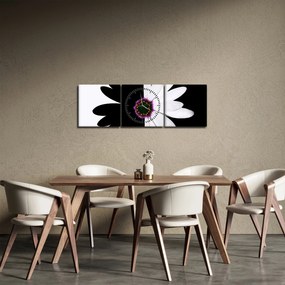 Obraz czarno - białego kwiatu (z zegarem) (90x30 cm)