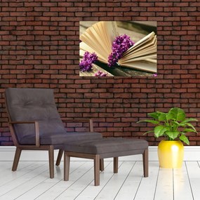 Obraz książki i fioletowych kwiatów (70x50 cm)